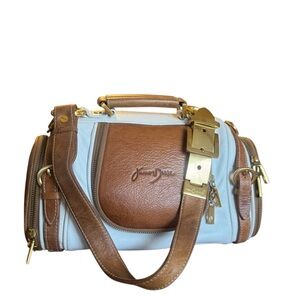 Junior Drake 2 Tone British Leather Barrel Bag Satchel Purse Tan & White Brass